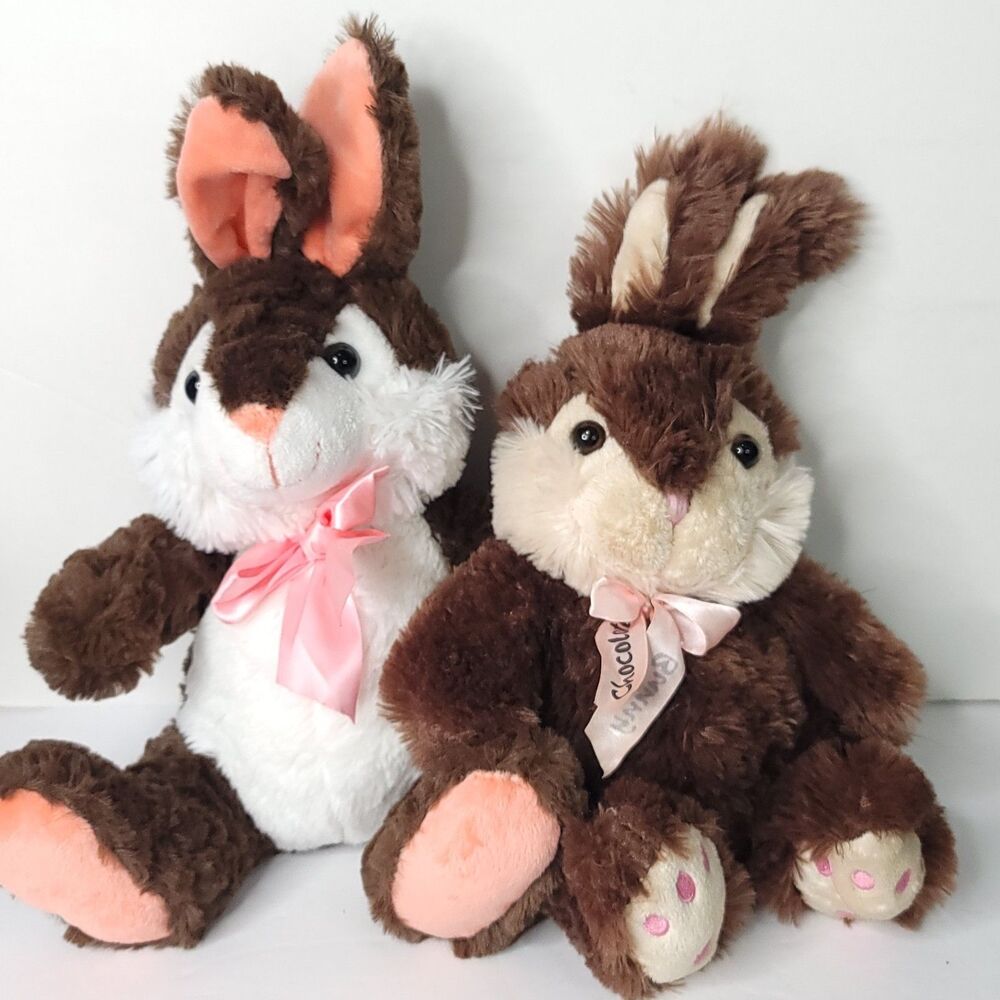 Dark Chocolate Bunny Plush Brown Pink Stuffed Animal Easter Rabbit 12" Lot Of 2